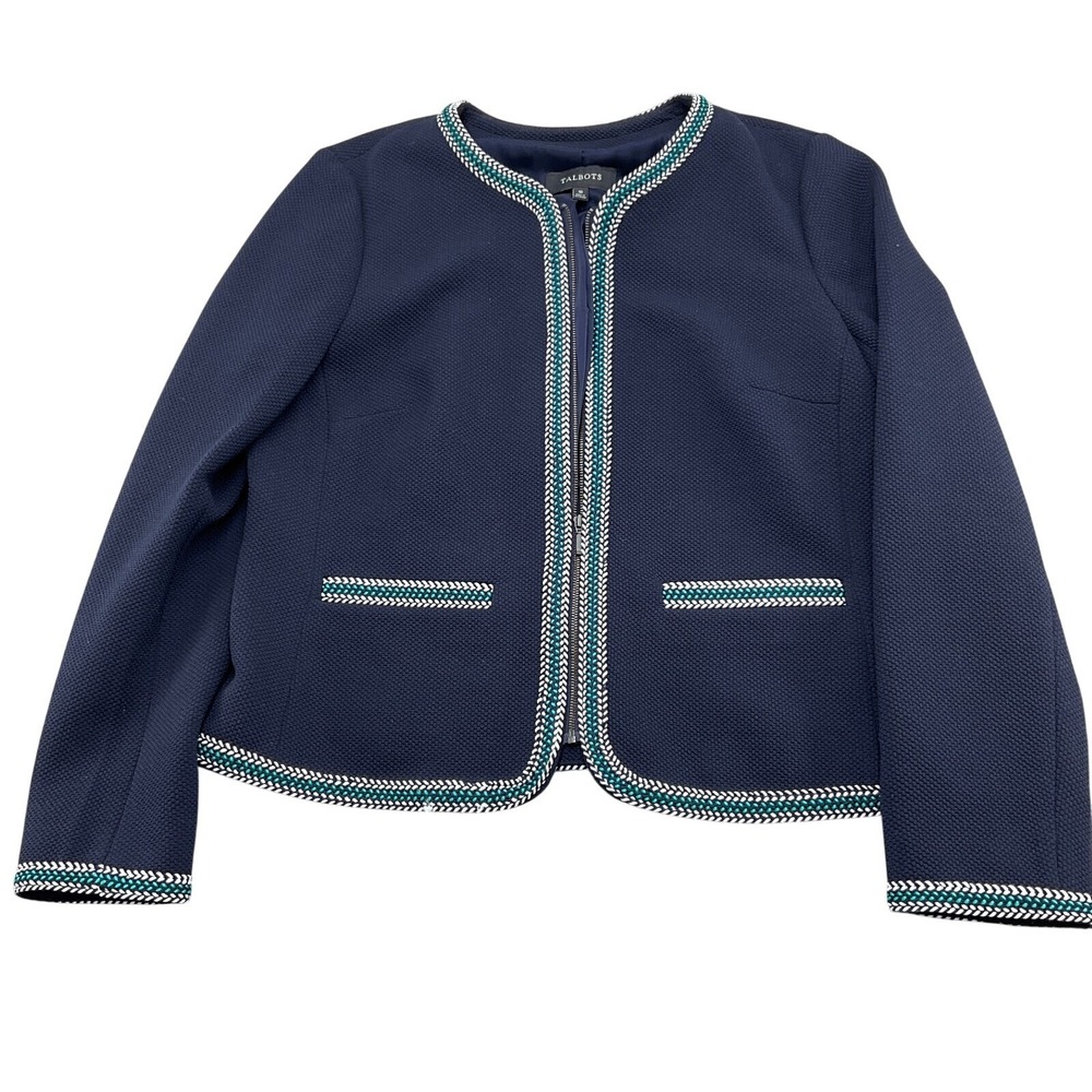 Talbots Jacket Women 10 Blue Woven Zip Preppy Classic Modern Chanel Style Career